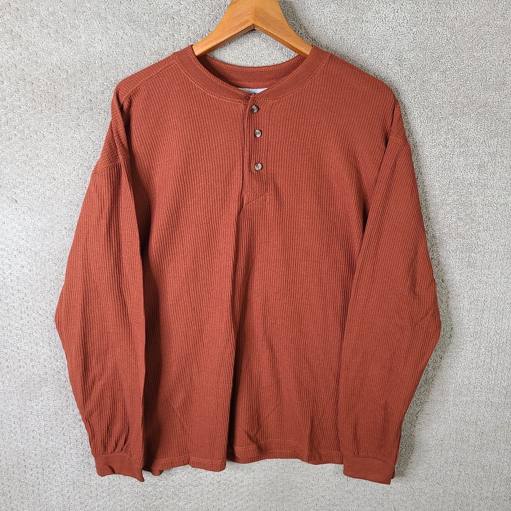 Essential By Seven Apparel Shirt Mens Large Rust Henley Waffle Knit Cotton